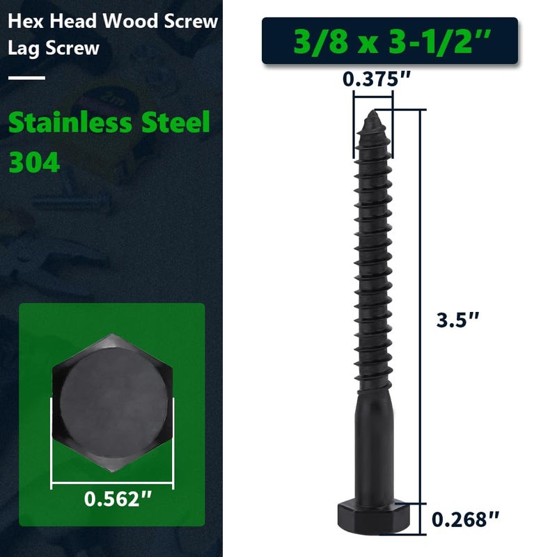 RoyceMart 8-Sets 3/8 x 3-1/2" Black Hex Head Lag Screws & Flat Washers, Heavy Duty Wood Lag Screws, 304 Stainless Steel (18-8), 3/8" Bolt - Image 2